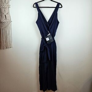THE FIFTH LABEL GILDED SURPLICE JUMPSUIT - Navy NWT L Wide Leg Cropped